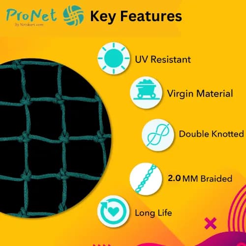 Garware cricket net key features including UV resistance, virgin material, double knotted design, 2.0 MM braided thickness and long life