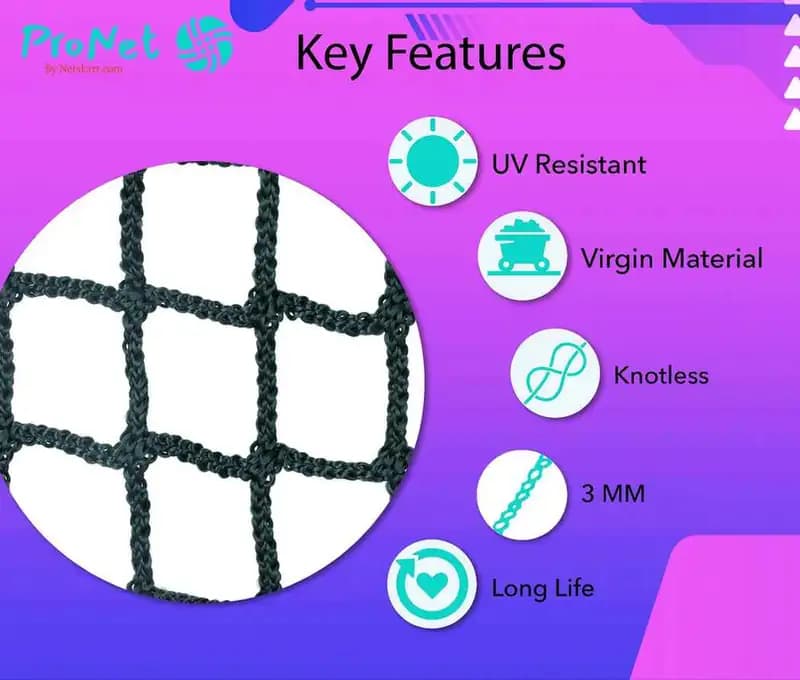 Garware cricket net key features including UV resistance, virgin material, knotless design, 3 MM thickness and long life
