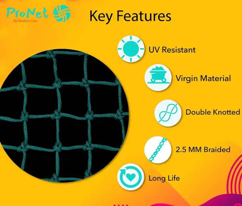 Garware Monkey Net key features image showing UV-resistant HDPE material, double knot and long life