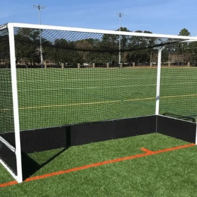 Garware Sportiva Hockey Net installed on hockey goal showing full goal coverage for ball containment