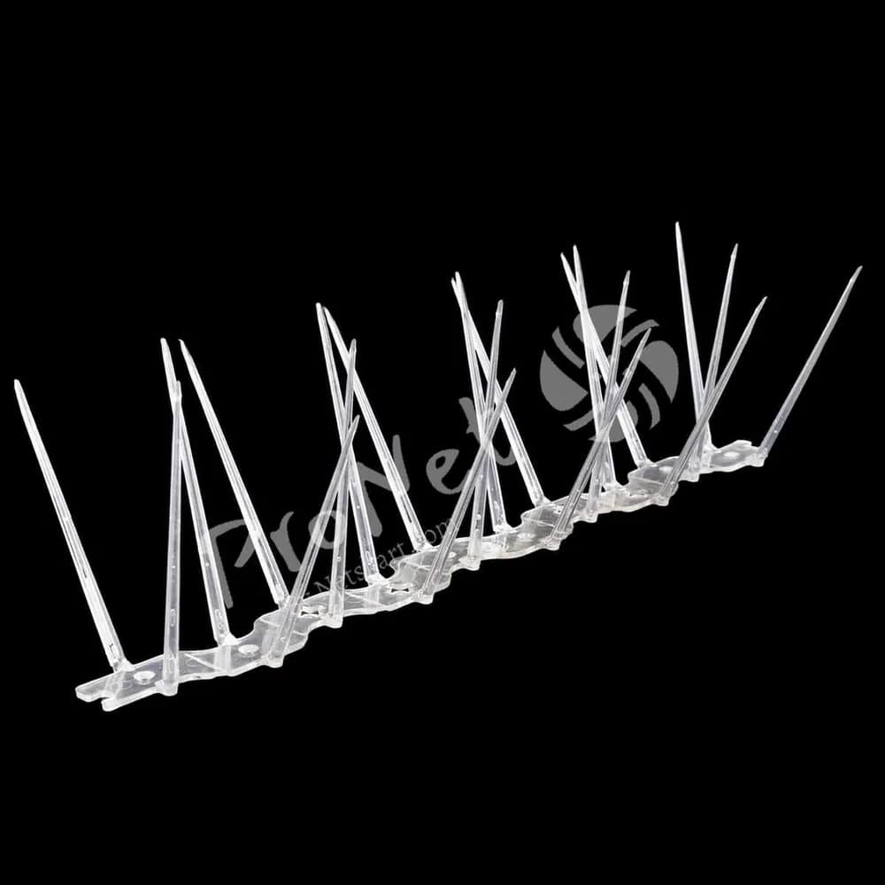 Angled view of ProNet premium transparent 2 row bird spikes for balconies, ledges and window sills