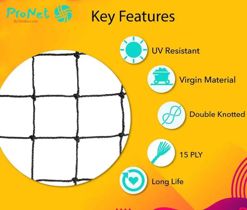 ProNet bird net key features including UV resistance, virgin material, double knot strength, 15 ply quality and long life
