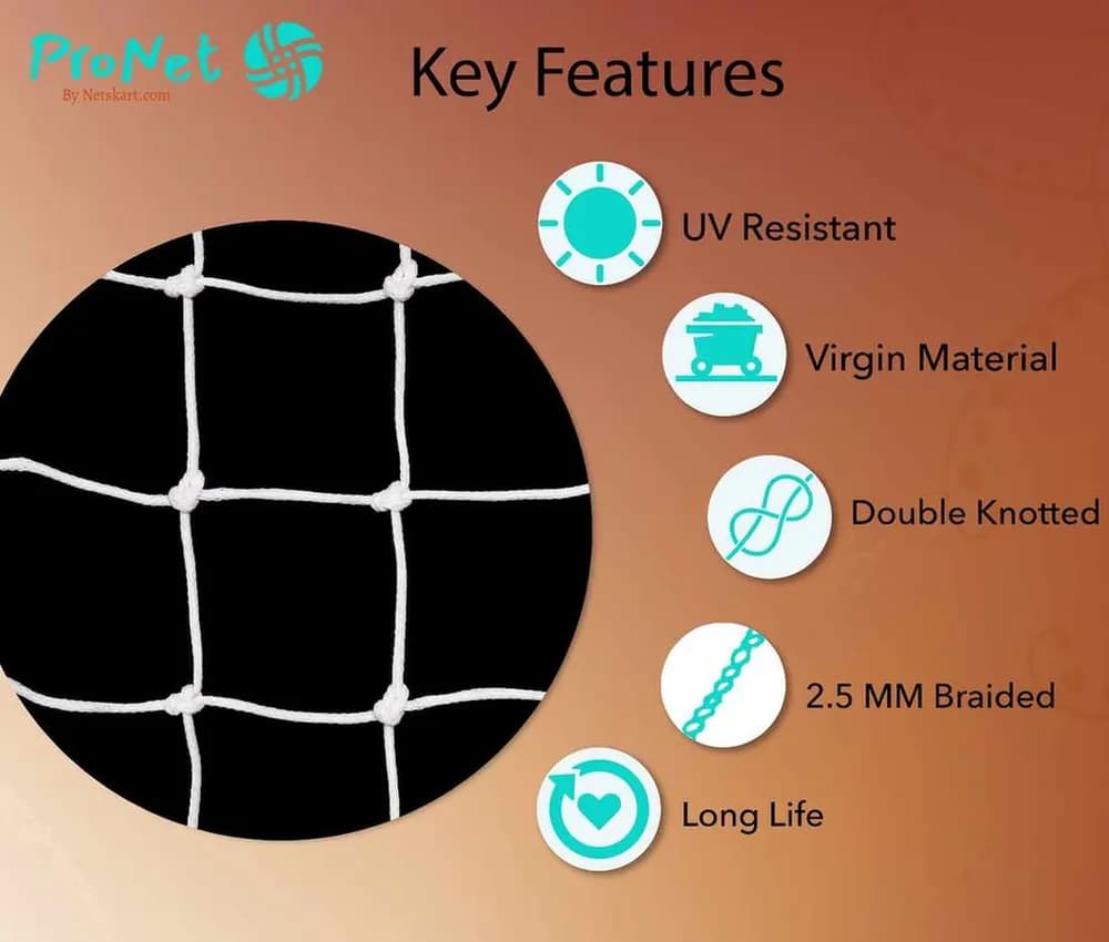 ProNet Monkey Net key features image showing UV-resistant HDPE material, double knot and long life
